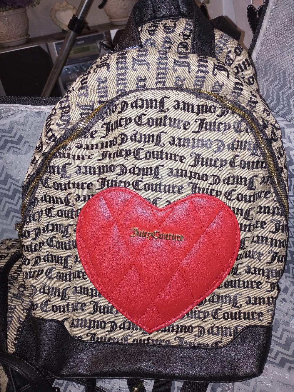 Juicy Couture Beige Logo Backpack with Red Quilted Heart